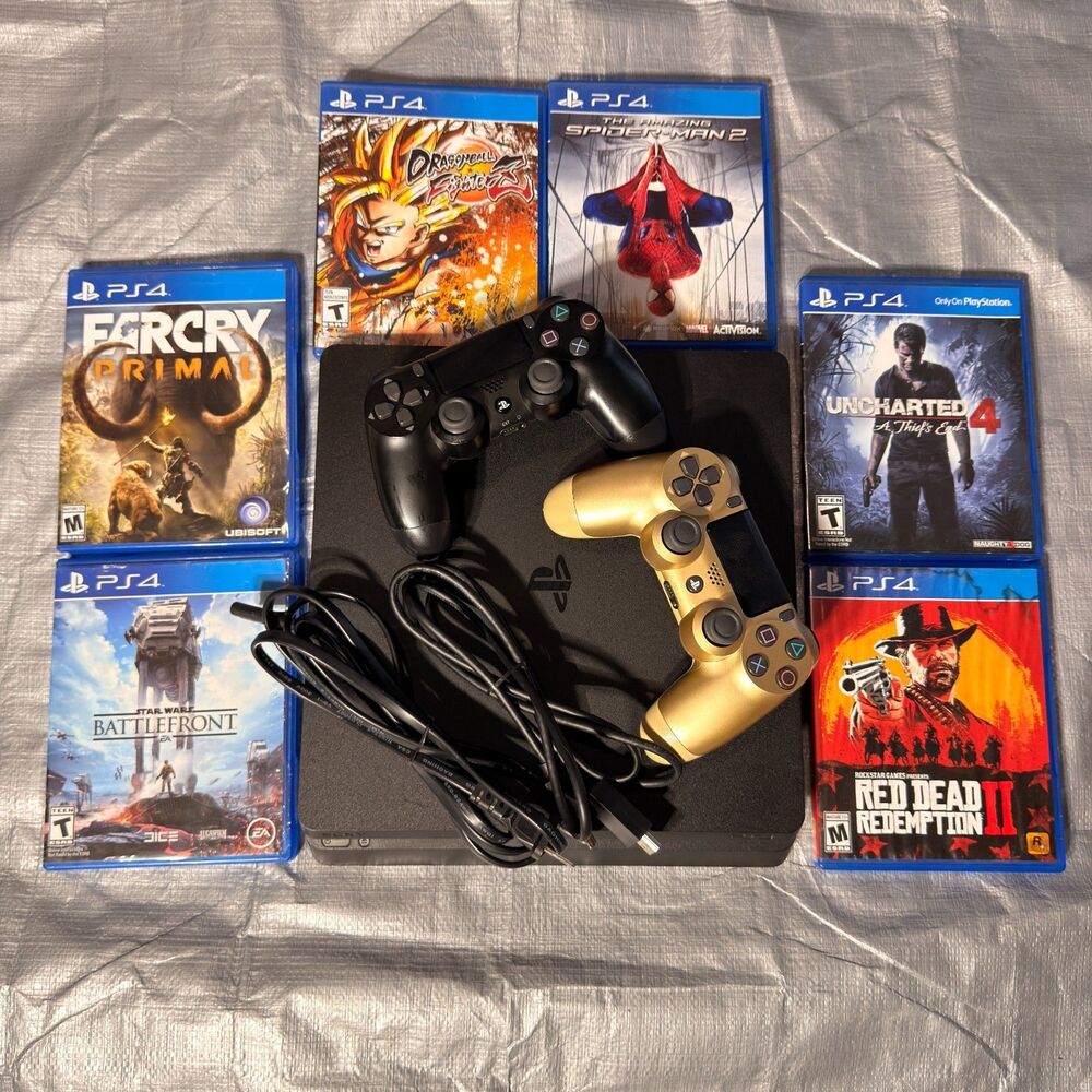 Sony PS4 Slim 500GB Console Bundle 2 Controllers Spider-Man 2 RDR2 Tested